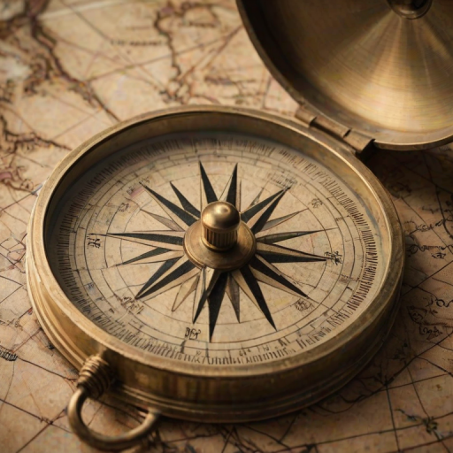 Sharp, detailed close-up of an antique compass resting on a weathered map, soft light reflecting off its brass surface, tiny details of the map's markings visible, and the feeling of adventure and exploration.