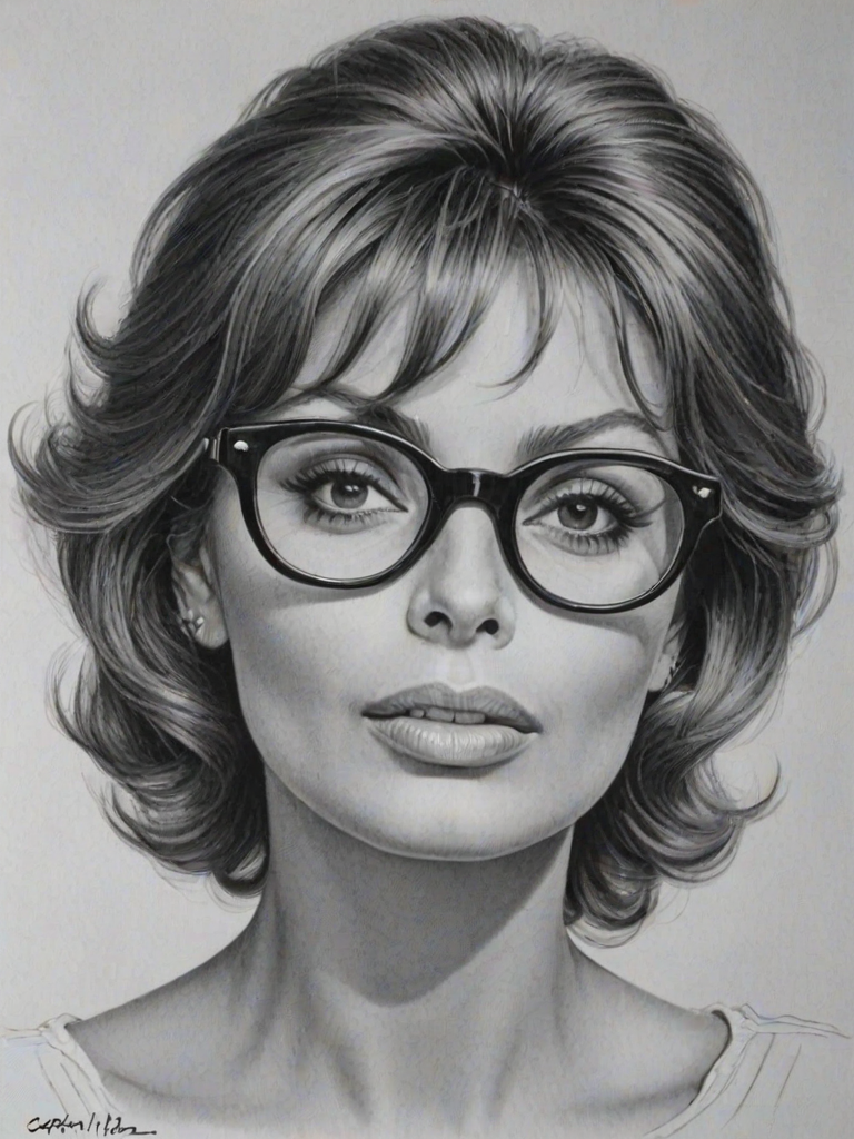 Beautiful Sophia Loren, pencil sketch, portrait of beautiful woman 60s in glasses, hair style beatnik, outline, clear lines, fine lines, 8k