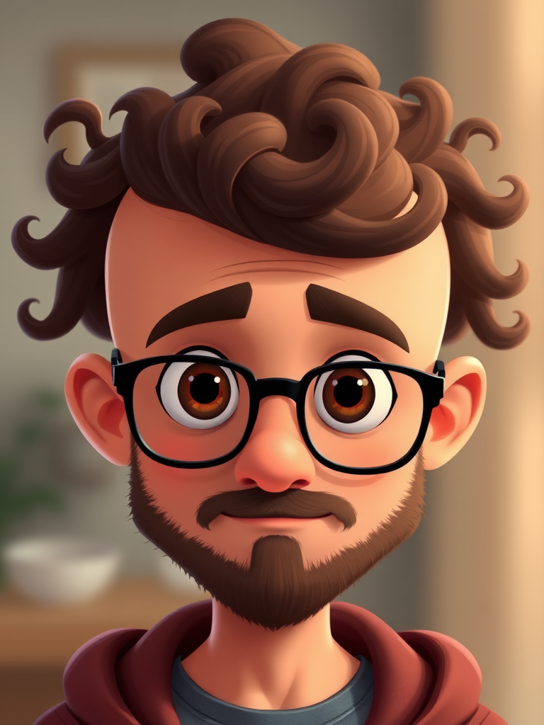 Create a cartoon-style illustration of a person with a bald head and large, curly brown facial hair, wide eyes, and thick glasses, captured with a digital camera at 50mm lens, f/1.8 aperture, ISO 200, in high resolution with a soft focus background.