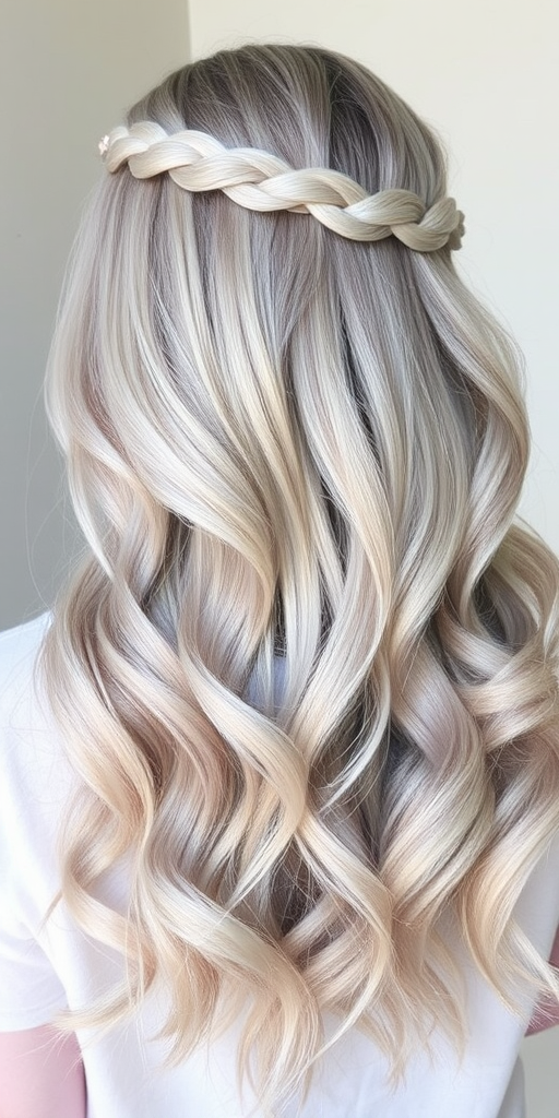 Cool ash blonde hair is transformed into the ethereal "Moonlit Haze" style. The long, layered cut is styled in soft, romantic waves that seem to float weightlessly. Pale silver highlights throughout create a subtle shimmer, while a delicate braided crown adds an elegant, otherworldly touch to this dreamy look.