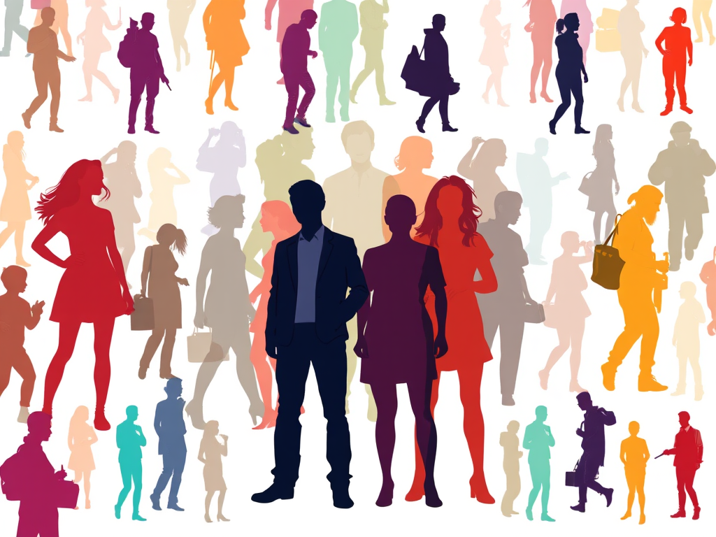Generate an abstract illustration of diverse silhouettes of people in various poses and colors, use a DSLR camera, set aperture to f/2.8, ISO 100, shutter speed 1/60s, with a high dynamic range view and a soft focus style.