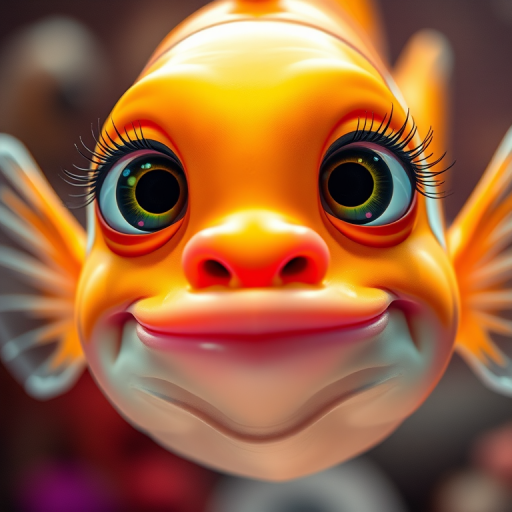 Create a vibrant, cartoon-style image of a fish with large expressive eyes, long eyelashes, and a glossy pink lips, using a Canon EOS R5 camera, 85mm lens, f/1.8 aperture, 1/250 sec shutter speed, and bright lighting for enhanced colors and sharp detail.