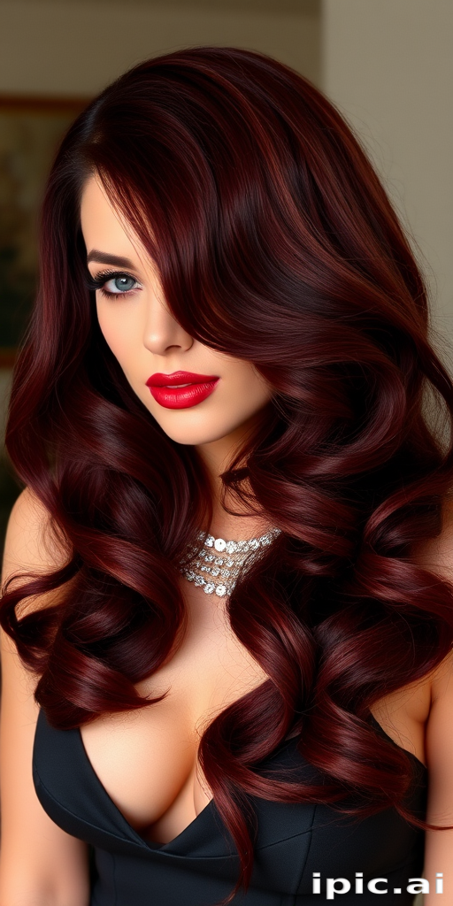 Ravishing burgundy-haired vamp with voluminous, Old Hollywood-inspired waves and a dramatic deep side part