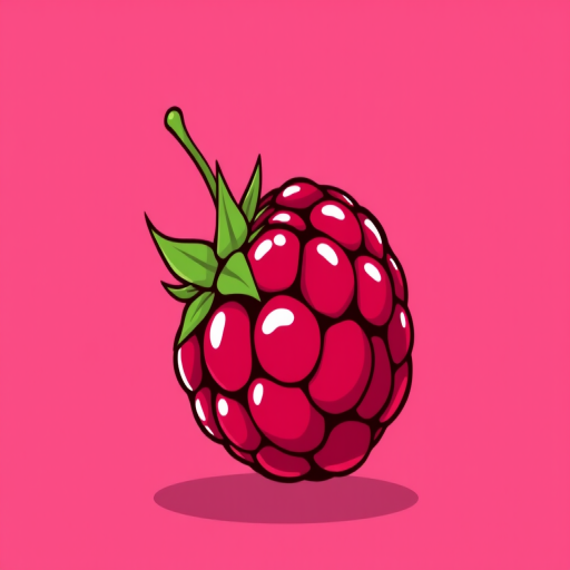 create a cartoon-style illustration of a raspberry with a vibrant pink background and a slight shadow beneath it
