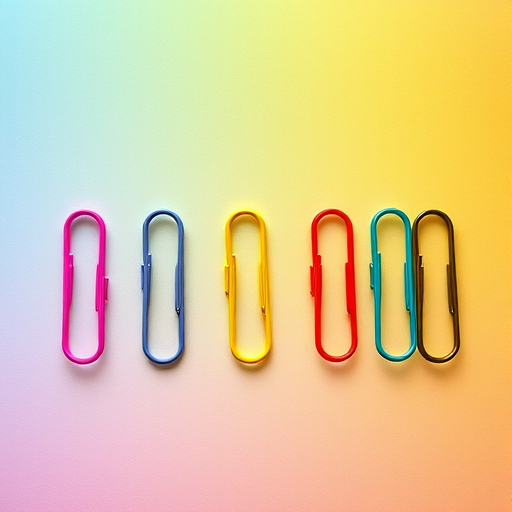 Create an image of colorful paper clips arranged in a row with a gradient rainbow background, using a DSLR camera set to f/4 aperture, ISO 100, 50mm lens, shot from a top-down view with soft lighting for enhanced vibrancy and detail.