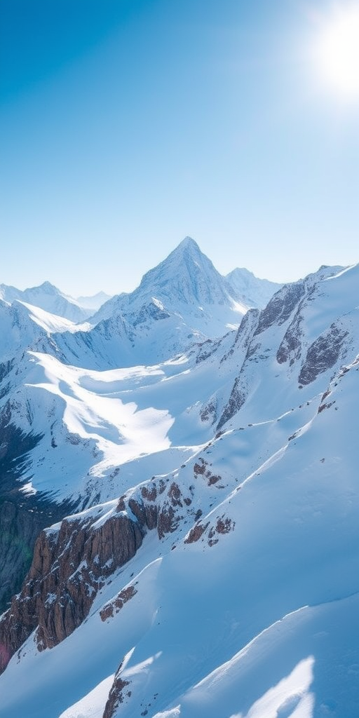 a high-resolution image of majestic snow-covered mountains under a clear blue sky, showcasing sharp peaks and rocky textures with a bright sun illuminating the scene
