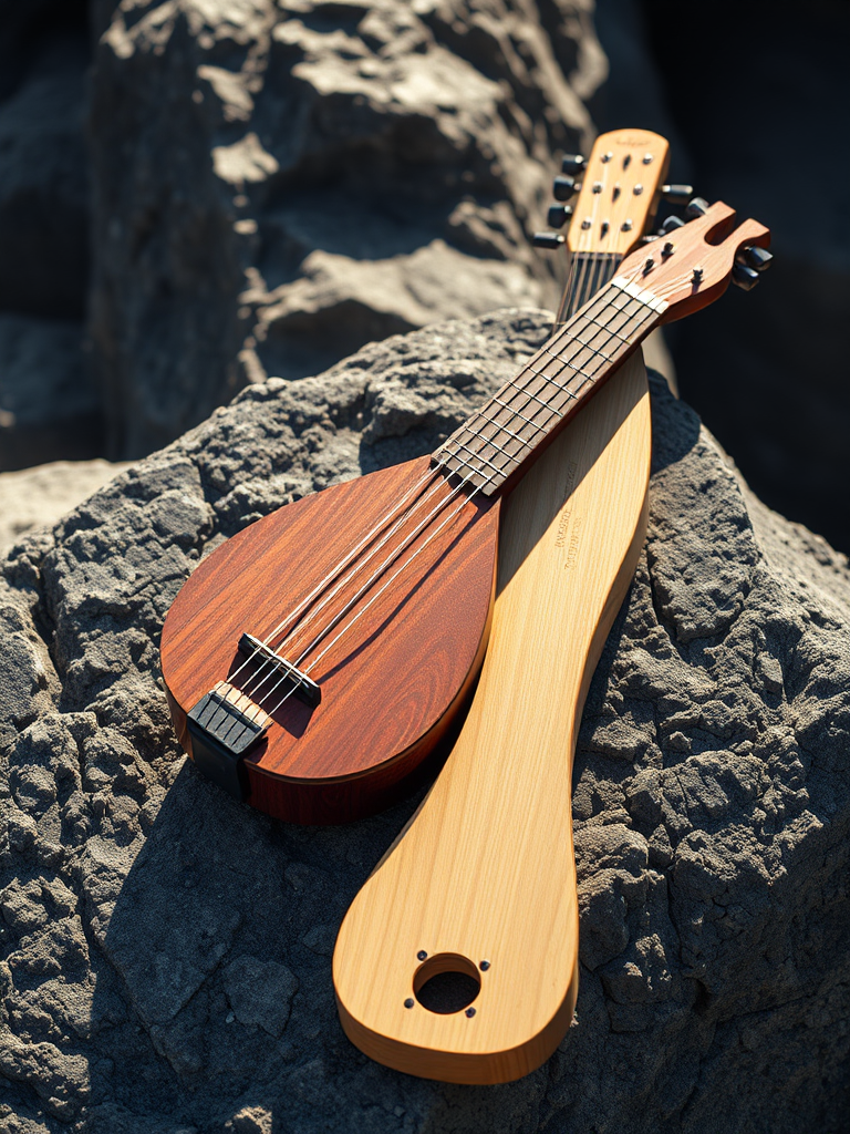 Create a high-resolution digital illustration of a traditional musical instrument resting on a textured rock surface, using a Canon EOS R5 with a 50mm f/1.2 lens, aperture set to f/2.8, ISO 100, and natural sunlight for a soft, warm glow.