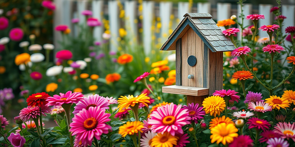 Create a vibrant garden scene featuring a birdhouse surrounded by a lush arrangement of colorful flowers, captured with a DSLR camera at f/2.8 aperture, ISO 100, 50mm lens, shot from a slightly elevated angle, using a soft focus style to enhance depth and detail.