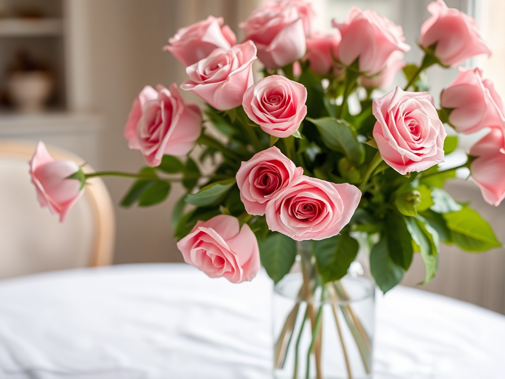 capture a bouquet of pink roses in a glass vase on a white tablecloth, soft natural lighting, shallow depth of field, 50mm lens, f/2.8 aperture, ISO 100, with a focus on the flowers and a blurred background