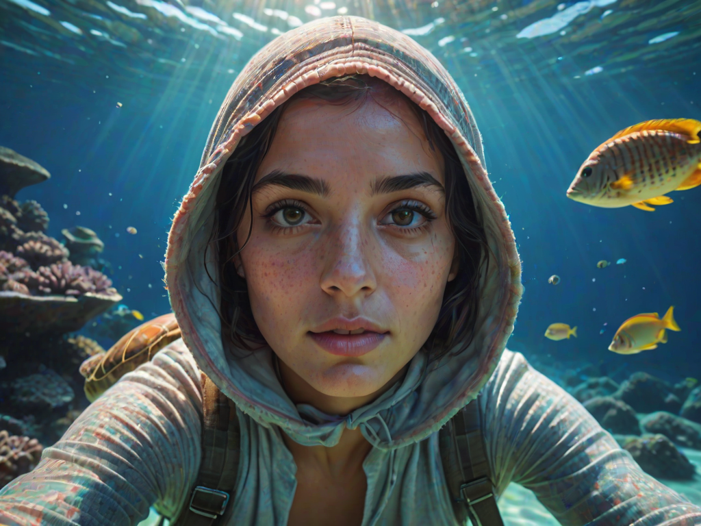 Realistic selfie image of a Hispanic, wearing a vintage outfit, detailed dreamy eyes, droopy hooded eyes, staring at the camera, taken underwater at coral reef with a sunbeam filtering through the water, vibrant, summer vacation, natural lighting, turtle and school of tropical fish with vibrant colors, rendered in the style of CryEngine, Pegi Nicol MacLeod, with realistic genre scenes, hauntingly beautiful narratives, ultra-realism, and Thomas Saliot's close-up technique, 8K resolution, crystal clear and sparkling water.