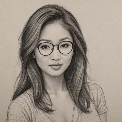 Ravishing Brenda Song, pencil sketch, portrait of Alluring woman 1945s in glasses, hair style beatnik, outline, clear lines, fine lines, 8k