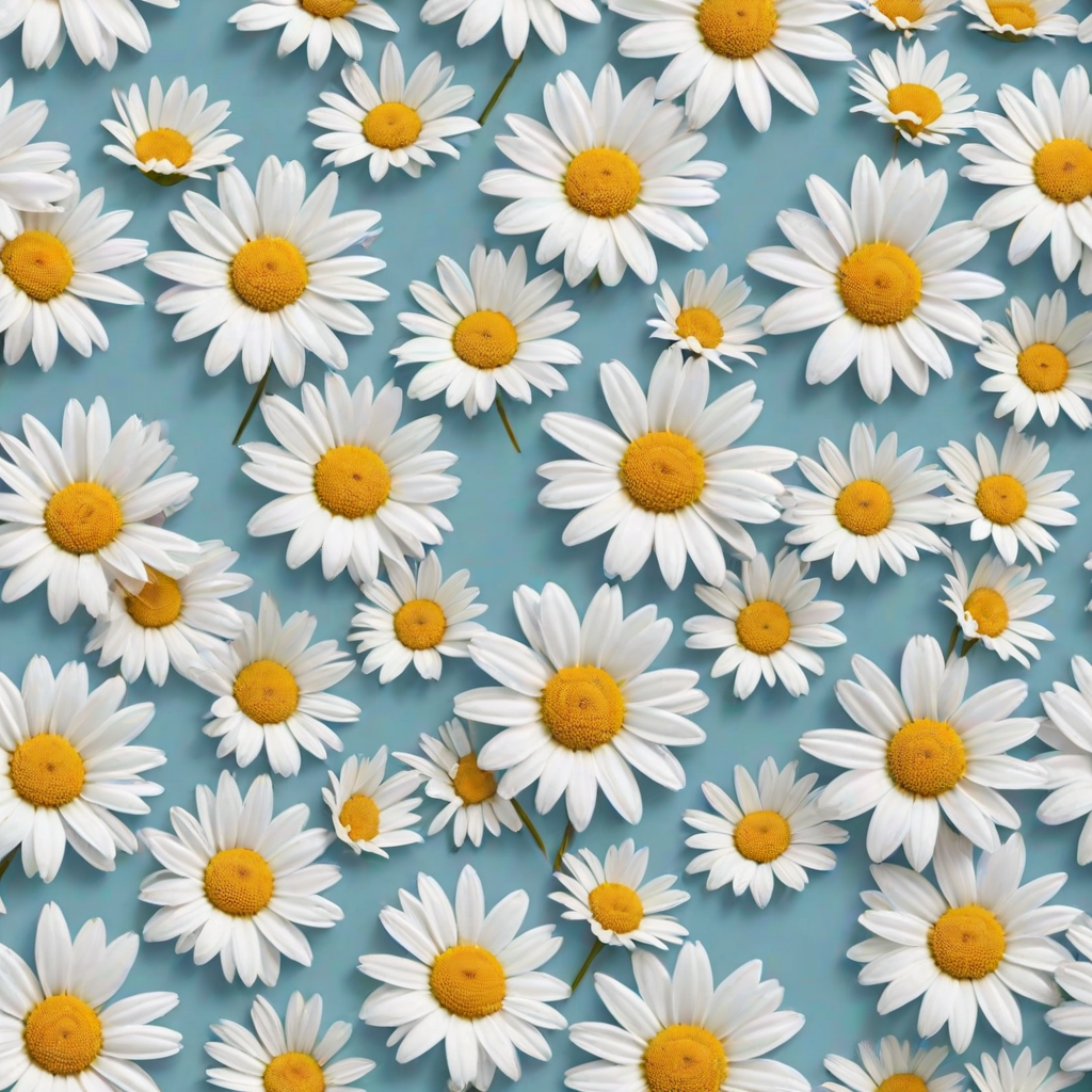 Create a seamless pattern featuring a light blue background filled with white daisies. Each daisy should have a bright yellow center and a simple, clean design. The flowers should be evenly spaced, creating a harmonious and cheerful floral pattern.