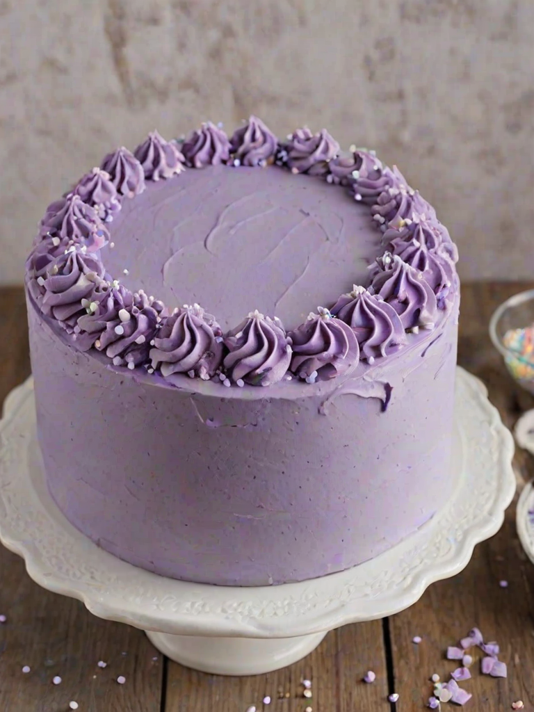 Create an image of a round cake with a smooth white frosting. The top of the cake should be decorated with swirls of purple frosting. The sides should be covered in colorful sprinkles, including various shapes and sizes. The background should be simple and rustic to enhance the cake's appearance.