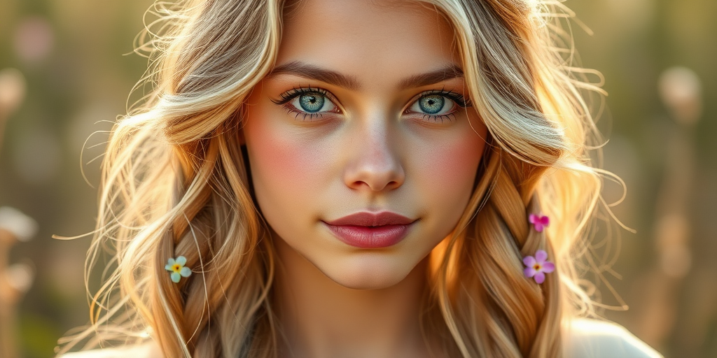 Create an image of a young Hispanic woman with long, wavy blonde hair, adorned with small, colorful flowers woven into her braids and loose strands. Her complexion is fair, with soft, glowing skin, and she has light blue eyes that gaze softly at the viewer. She wears a light, flowing dress with a gentle, ethereal quality, complementing her delicate and serene appearance. The background is slightly blurred, drawing focus to her tranquil expression and the intricate details of the flowers in her hair. The overall mood of the image is one of natural beauty and grace, evoking a sense of peacefulness and connection with nature.