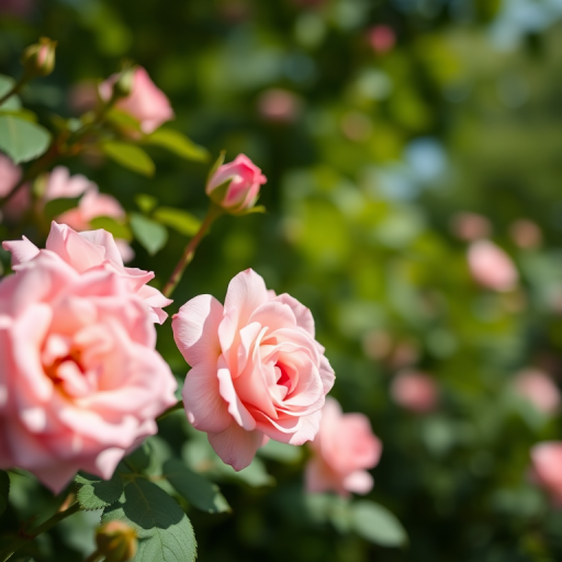 soft focus floral portrait of pink roses and leaves in natural light, shallow depth of field, f/2.8 aperture, ISO 100, 50mm lens, DSLR camera, taken from a low angle view to emphasize blooms against a blurred green background