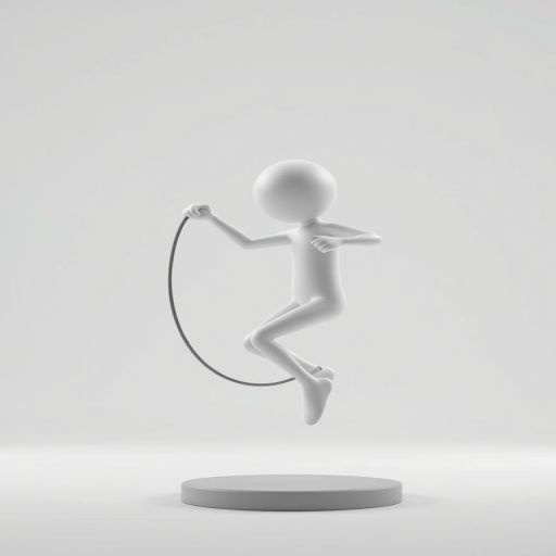Create a high-resolution 3D render of a simple, stylized humanoid figure jumping rope against a clean white background, using a Canon EOS R5 camera with a 50mm f/1.2 lens, set to ISO 100, aperture f/2.8, and shutter speed 1/200s, with a soft focus effect for enhanced image quality.