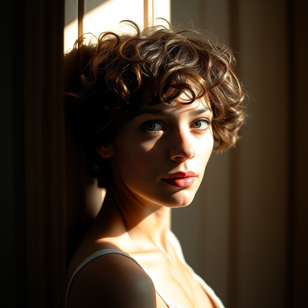 portrait of a person with short curly hair softly leaning against a doorway with natural light casting dramatic shadows, aperture f/2.8, shutter speed 1/125s, ISO 200, 50mm lens, taken with a full-frame DSLR, soft focus background, capturing intimate mood and warm tones