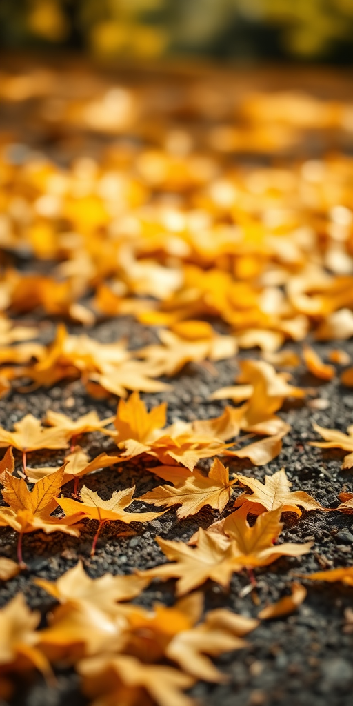 autumn leaves scattered on the ground in vibrant yellow and orange hues, shallow depth of field, macro lens, f/2.8, 50mm, natural sunlight, DSLR camera