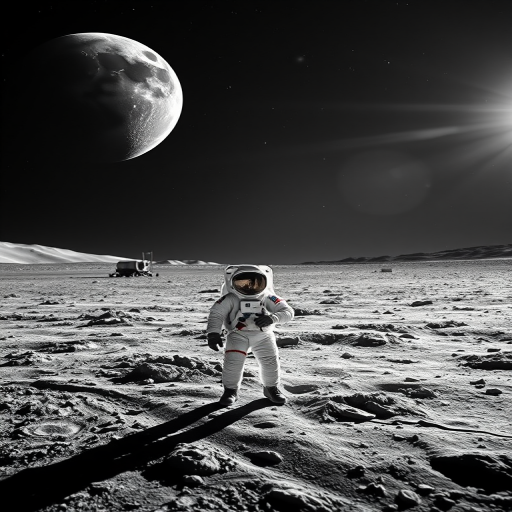 Create a high-resolution black and white image of an astronaut standing on a lunar landscape, with Earth visible in the background and a starry sky, using a DSLR camera with a 50mm lens, f/1.8 aperture, ISO 100, and a low-angle shot to enhance depth and detail.