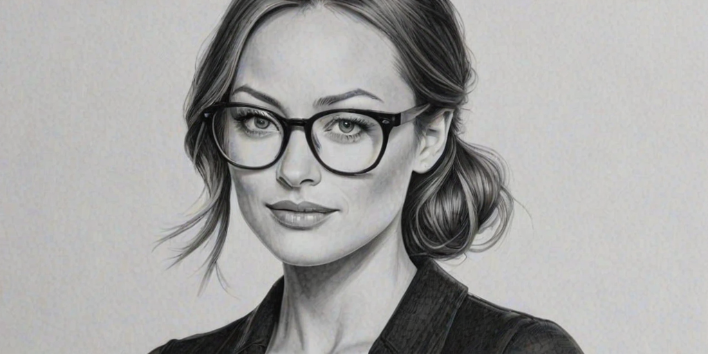 Superb Olivia Wilde, pencil sketch, portrait of Pleasing woman 1935s in glasses, hair style beatnik, outline, clear lines, fine lines, 8k