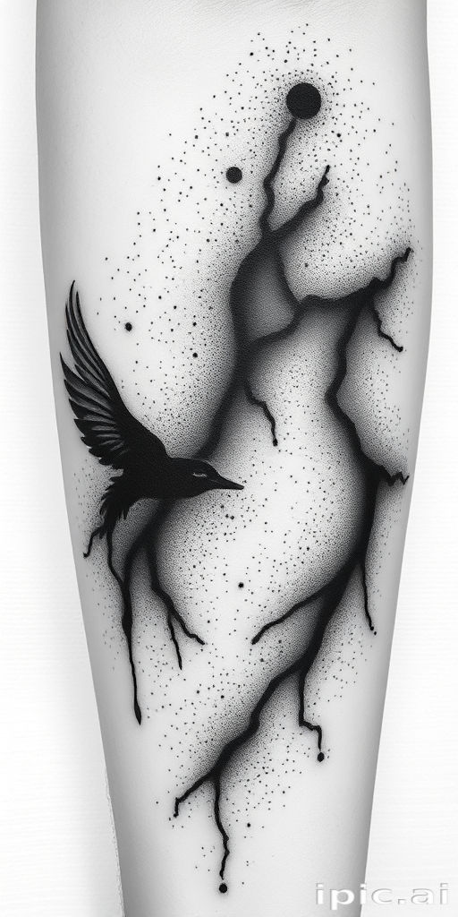 Stipple shading tattoo titled "Whispers in Shadow" using thousands of tiny dots to create intricate gradients and textures in monochromatic black ink for a subtle yet detailed effect