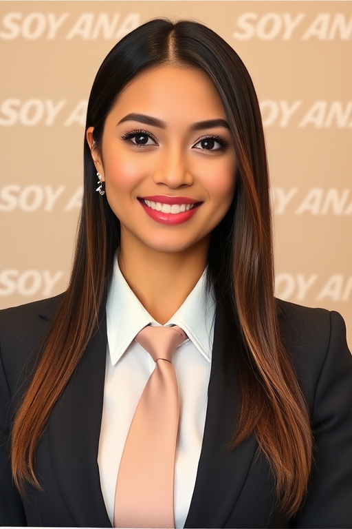 High quality passport photo of a woman with long straight hair (middle parted) wearing a suit and tie looking directly at the camera with a radiant smile. She is also wearing a delicate gold chain and some understated diamond earrings. In the background the wallpaper has the writing "SOY ANA" on it in bold white logo font