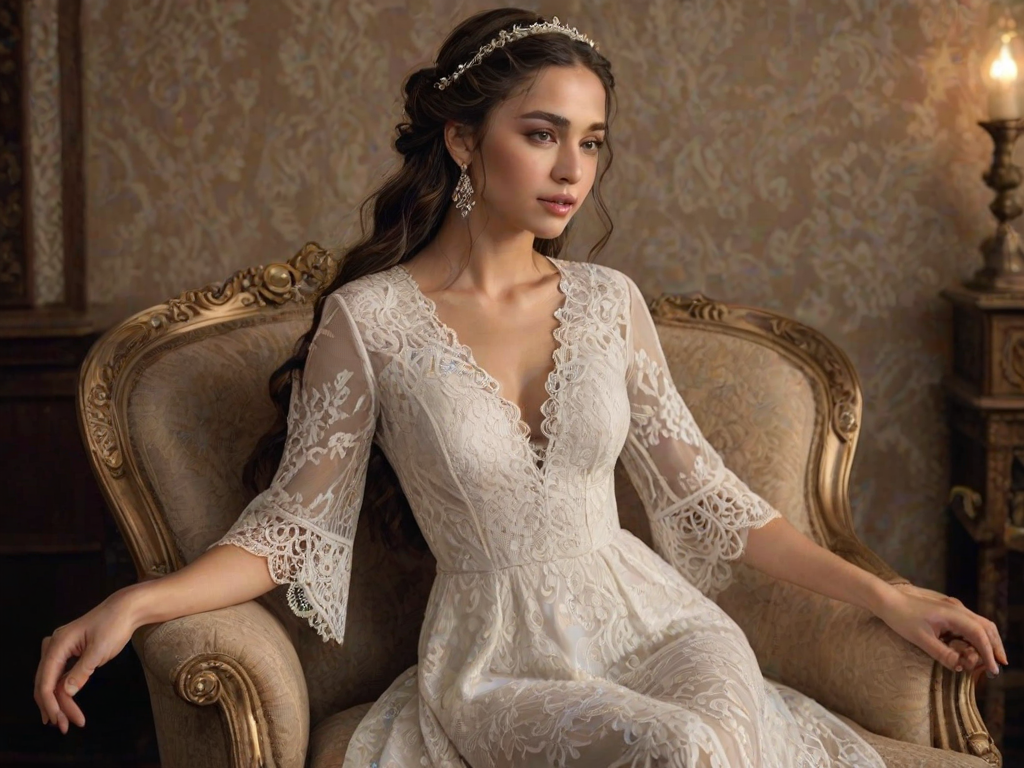 Create a portrait of a refined and elegant Turkish woman seated in a sophisticated setting. She has long, wavy hair styled in two thick braids that are pulled over her shoulders. She wears a white, lace gown with intricate patterns, featuring a deep V-neckline and short sleeves. The dress exudes a vintage charm with its delicate lacework. She is adorned with ornate, dangling earrings that add a touch of glamour to her appearance. The background is softly lit, with warm, ambient lighting that creates a cozy and inviting atmosphere. Her expression is poised and serene, capturing a sense of grace and elegance.