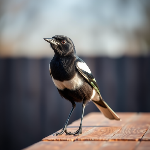 capture a close-up of a magpie perched on a wooden table in natural light at sunrise, use a shallow depth of field with a blurred background, set aperture to f/2.8, shutter speed 1/500s, ISO 200, shot with a DSLR camera in landscape orientation for enhanced detail and clarity