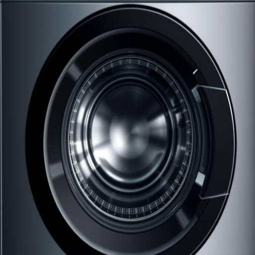 Create a high-resolution image of a modern washing machine with a sleek design, camera settings: f/8, ISO 100, shutter speed 1/125s, camera view: front view, camera style: clean and minimalistic, camera type: DSLR.
