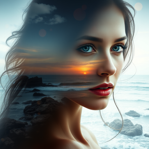 create Book cover, A surreal double exposure portrait that blends a woman's face with a beautiful seascape. The overall mood is dreamy and mystical, with rich colors and intricate details