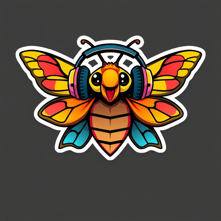 this image is sticker, Happy Colorful Moth wearing Headphones, kawaii, contour, vector, black background
