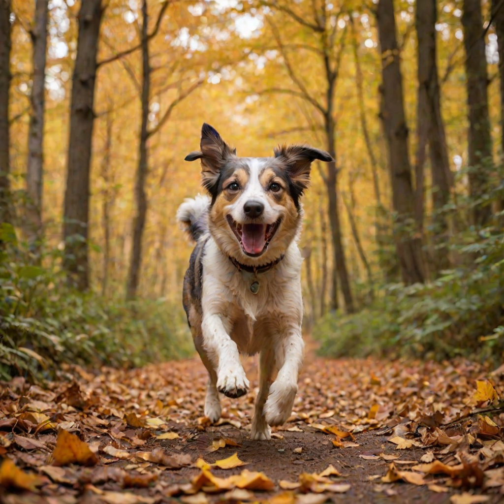 A happy dog running through a forest path during autumn with vibrant leaves, captured with a DSLR camera, 50mm lens, f/2.8 aperture, ISO 200, shutter speed 1/500s, low angle view, soft focus background for dramatic effect.
