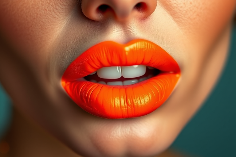 Fierce neon orange lips with a matte finish, vibrant and energetic, demanding attention and radiating confidence