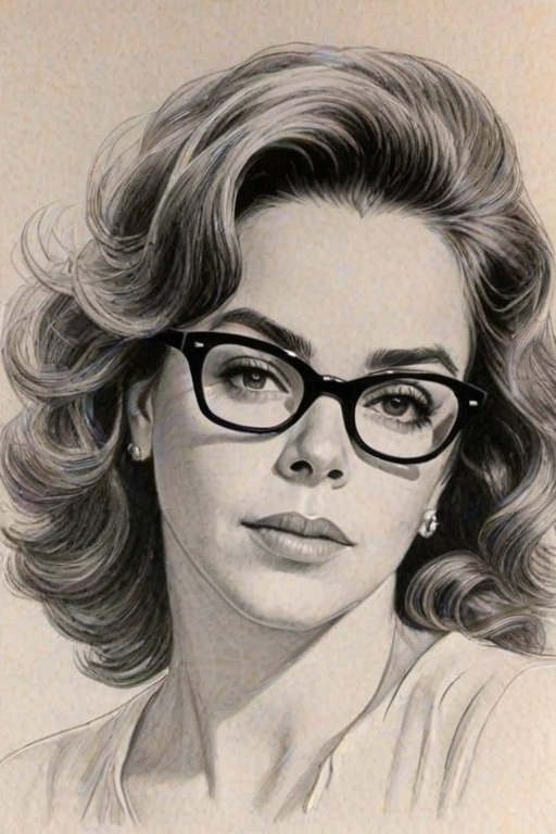 Dazzling Stockard Channing, pencil sketch, portrait of Magnificent woman 1956s in glasses, hair style beatnik, outline, clear lines, fine lines, 8k