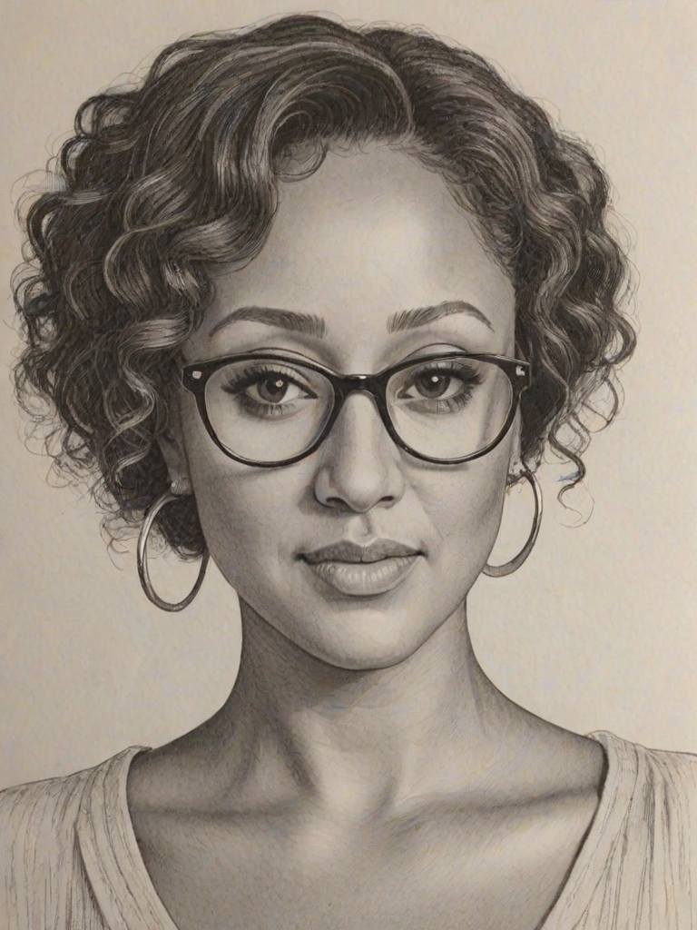 Fascinating Tamera Mowry-Housley, pencil sketch, portrait of Pleasing woman 1979s in glasses, hair style beatnik, outline, clear lines, fine lines, 8k
