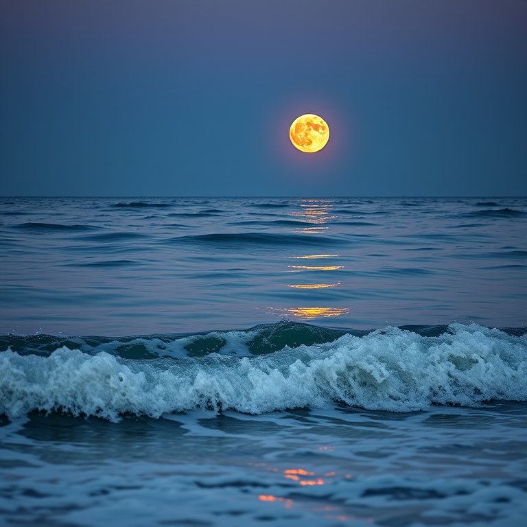 Capture a serene seascape at dusk featuring a large, vibrant full moon reflecting on calm ocean waves, shot with a Canon EOS R5, 85mm lens, aperture f/4, ISO 200, 1/200 seconds, landscape orientation, soft focus on the foreground waves for a dreamy effect.