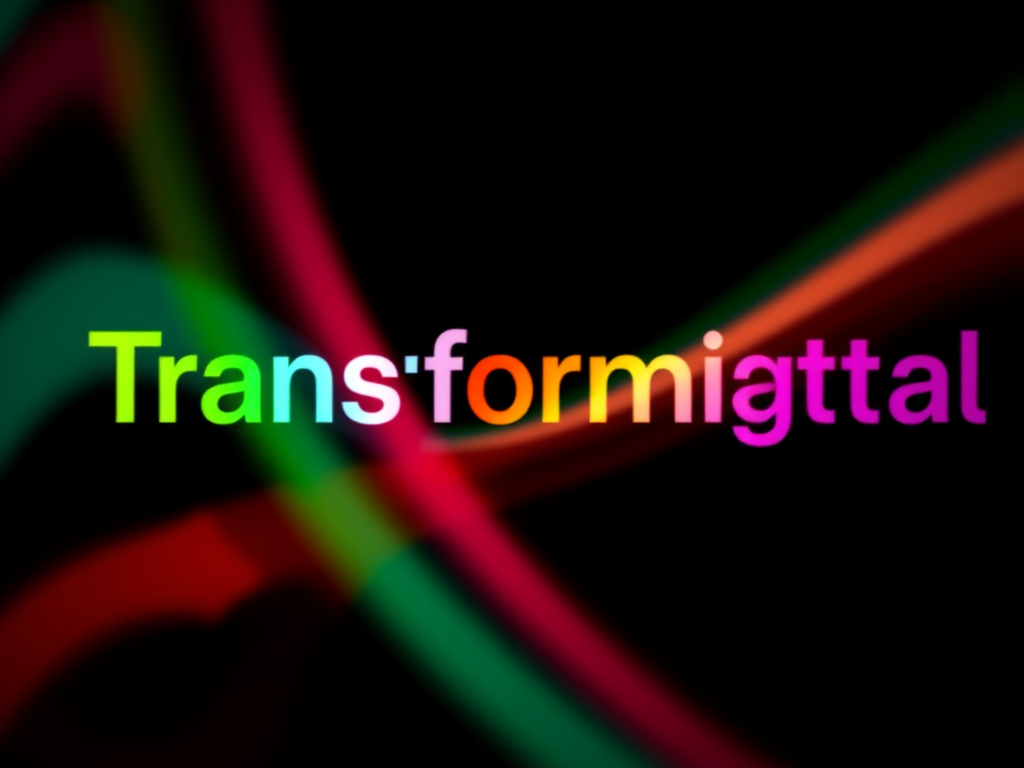 Create an abstract pattern featuring the text "TransformationDigital" in vibrant colors on a dark background, captured with a DSLR camera at 50mm focal length, f/2.8 aperture, ISO 100, with a shallow depth of field and a slight vignette effect.
