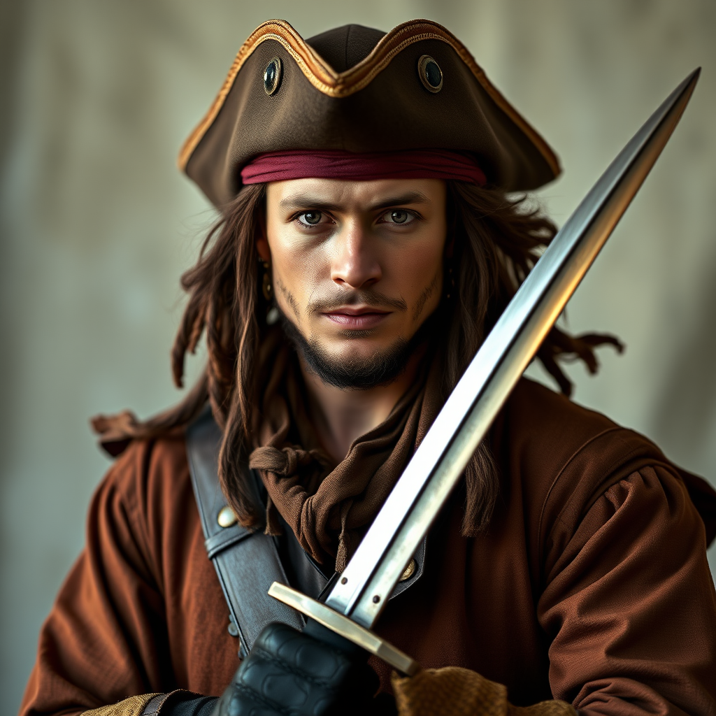 Create a detailed portrait of a dashing swashbuckler in historic attire, holding a sword, with a soft-focus background, using a Canon EOS R5 with a 50mm f/1.2 lens, aperture set to f/1.2, ISO 100, and a natural light setup for enhanced clarity and richness in colors.
