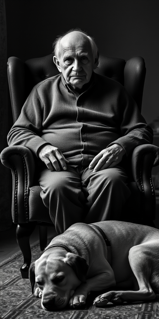 monochrome ultra noir photograph of an elderly person sitting in an upright chair with their faithful dog asleep at their feet, the photographer is an expert and has captured every fine detail, every wrinkle, on the subject’s skin. the high contrast photograph and the dramatic lighting brings out a certain emotion in the subject’s appearance