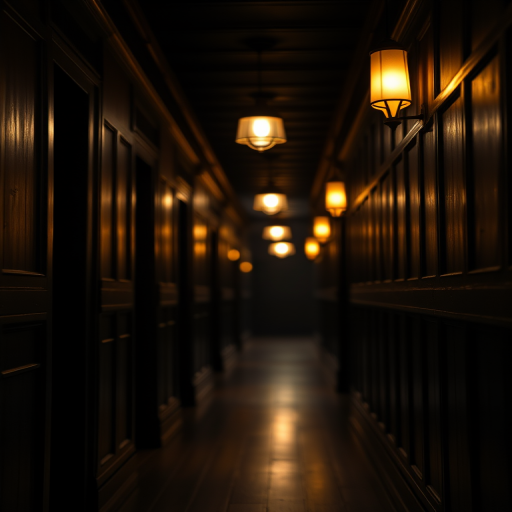 dimly lit hallway with dark wooden paneling and warm light fixtures, focus on textures, ISO 200, f/2.8, 1/60s, 35mm lens, low angle view, soft focus, professional DSLR camera