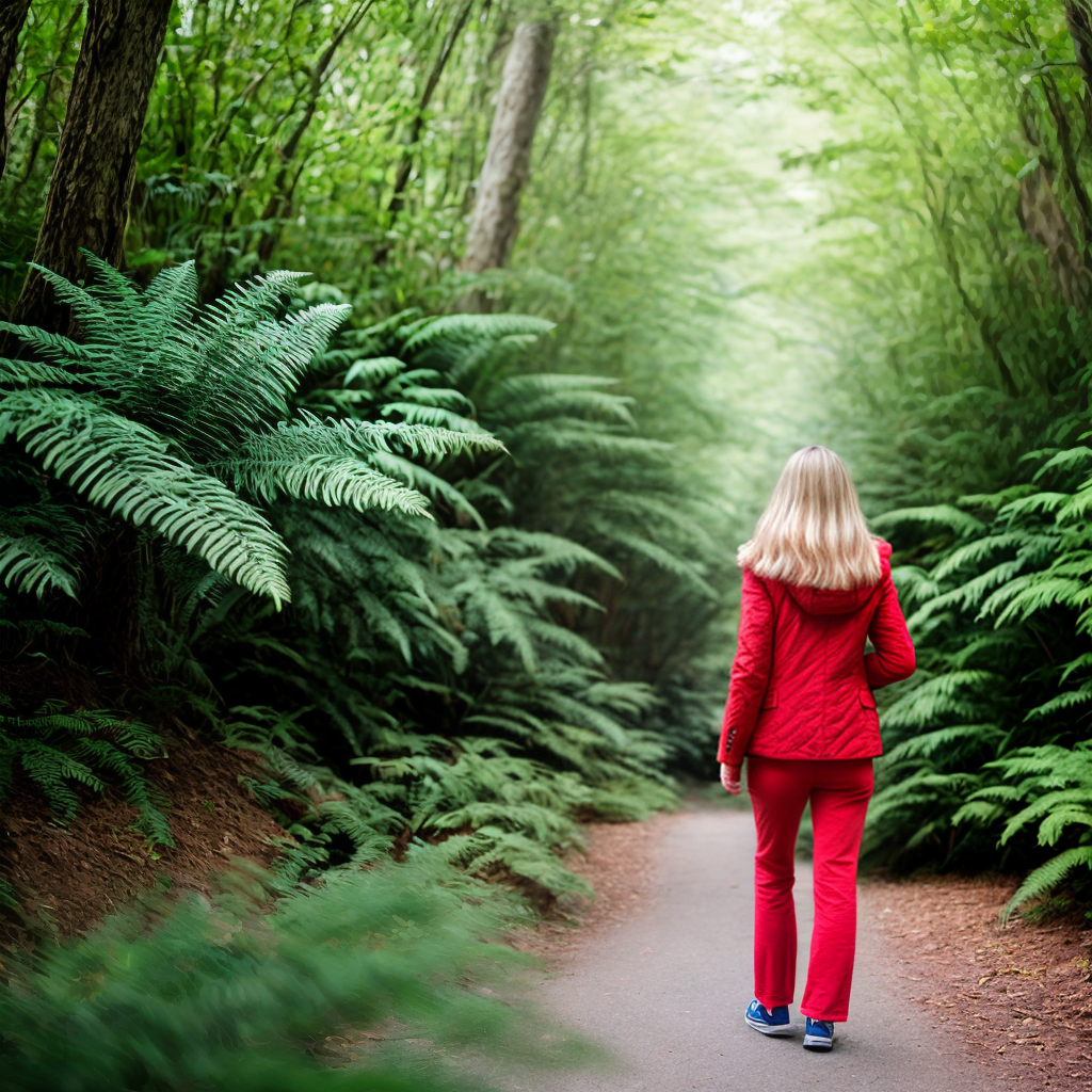 pretty blonde girl red pants and jacket, walking in a fern forest