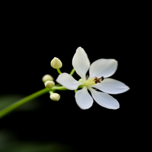 White flower with buds against a black background, macro shot, aperture f/2.8, shutter speed 1/200 sec, ISO 100, in soft natural light, DSLR camera, shallow depth of field.