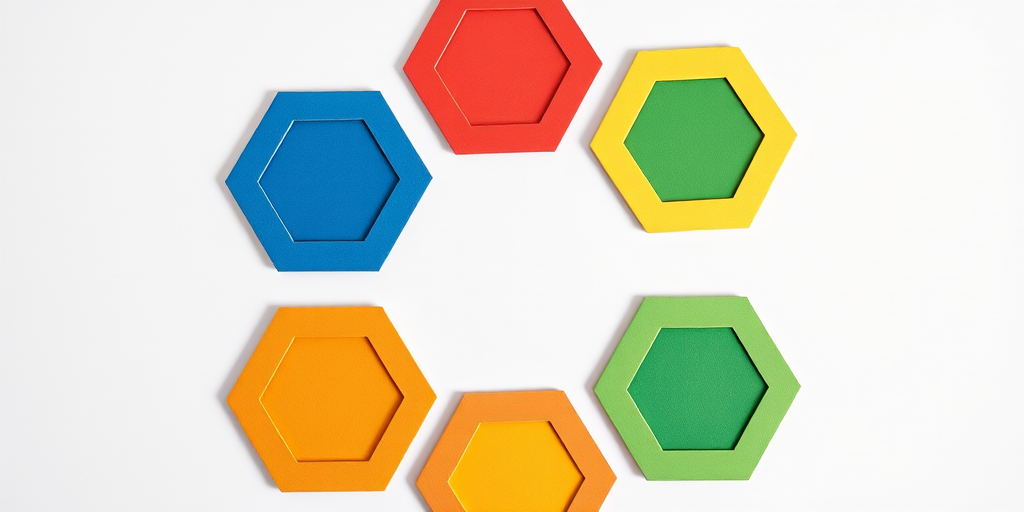 Create a high-quality image of a hexagonal pattern featuring seven colorful hexagons in a circular arrangement on a clean, white background, using a DSLR camera with a 50mm lens, aperture f/2.8, ISO 100, shot from a top-down view, with soft, diffused lighting for even color representation.