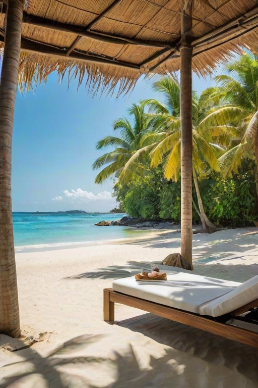 Create a picturesque tropical beach scene featuring a serene, white sandy shore. In the foreground, there's a rustic wooden canopy with white drapes gently flowing in the breeze. Underneath the canopy, a table is set with tropical decor, evoking a sense of relaxation and leisure. The beach extends into a calm, shallow water area with reflections of the sky and surroundings. Palm trees and lush greenery line the edge of the beach, providing a natural, tropical backdrop. The sky is clear with a few scattered clouds, and the overall atmosphere is tranquil and inviting, perfect for a peaceful retreat.