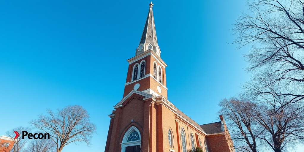 Create a detailed illustration of a tall church building with a prominent steeple, set against a clear blue sky, using a Canon EOS 5D Mark IV camera with a 24mm lens, aperture f/8, shutter speed 1/200 sec, and ISO 100, in a wide-angle view for enhanced perspective and clarity.