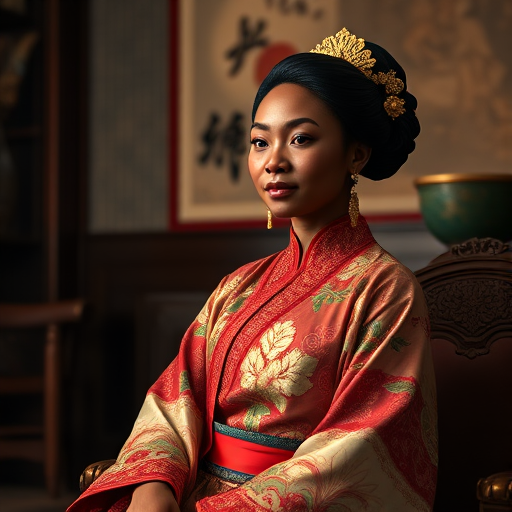 A beautiful Afro-Caribbean woman in traditional East Asian attire, intricately detailed with embroidered patterns, sitting gracefully in a richly decorated room, soft ambient lighting, serene and elegant, ultra-realistic, 8K resolution