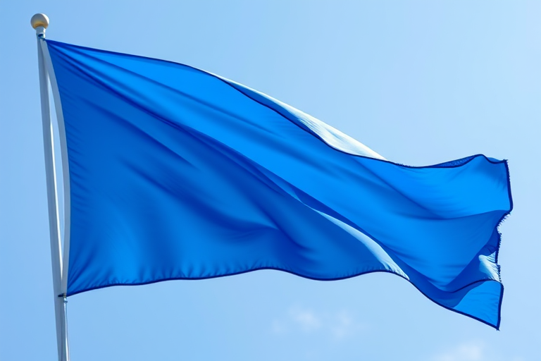 Create a high-resolution digital illustration of a blue flag waving in the wind, using a Canon EOS 5D Mark IV camera with a 50mm lens, f/2.8 aperture, ISO 100, and a shallow depth of field for a vibrant and focused look.