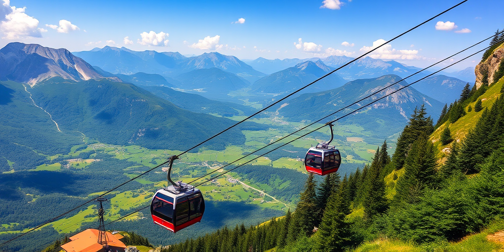 Create a vibrant mountain landscape scene featuring two gondolas in motion against a backdrop of lush green valleys and distant peaks, captured with a DSLR camera at f/8, ISO 200, 1/200s, wide-angle lens, in natural daylight for enhanced clarity and color saturation.