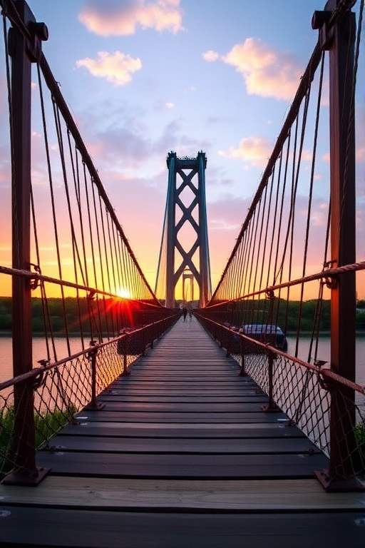 Create a high-quality image of a suspension bridge at sunset, capturing intricate details of the ropes and wooden planks, using a DSLR camera with a 50mm lens, aperture set to f/2.8, ISO 200, and a shutter speed of 1/250s, with a low angle view to emphasize the bridge's height and surroundings.