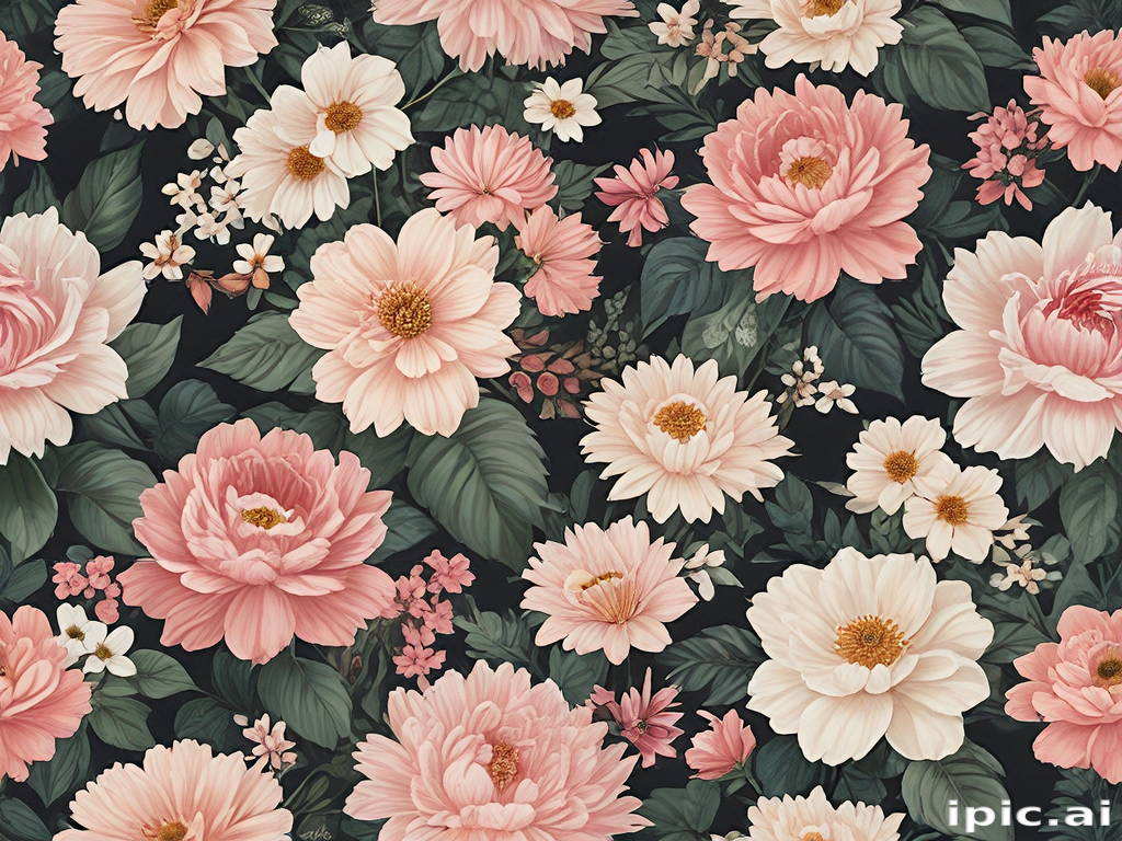 Colorful Floral Pattern Featuring Various Pink Flowers Against a Dark ...